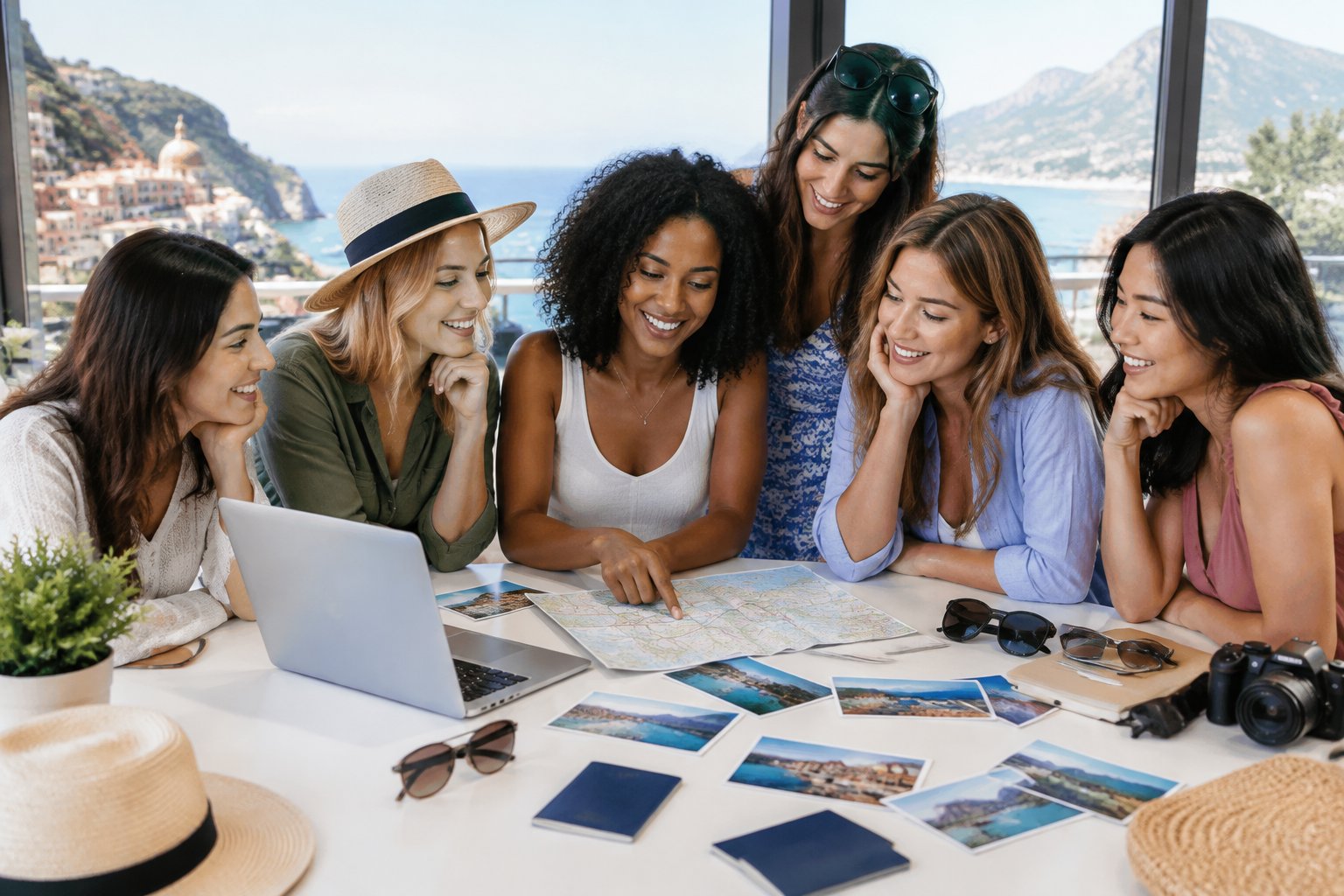 A group of friends compares travel ideas while planning a bachelorette getaway.