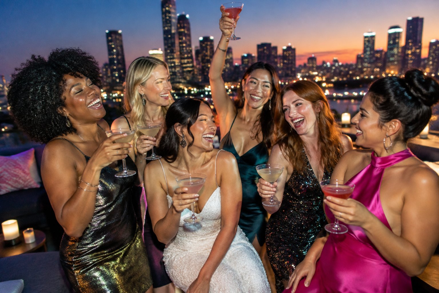 A group of women celebrating together at a lively rooftop venue overlooking a city at night.