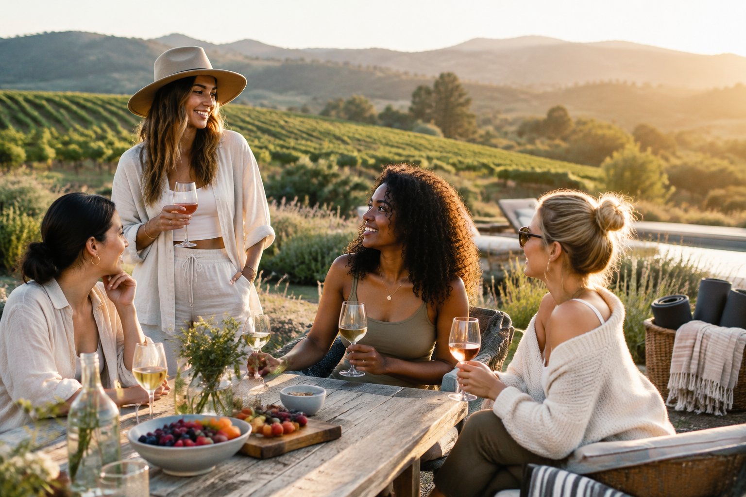 A group of friends relaxes with wine and wellness items at an outdoor vineyard retreat.
