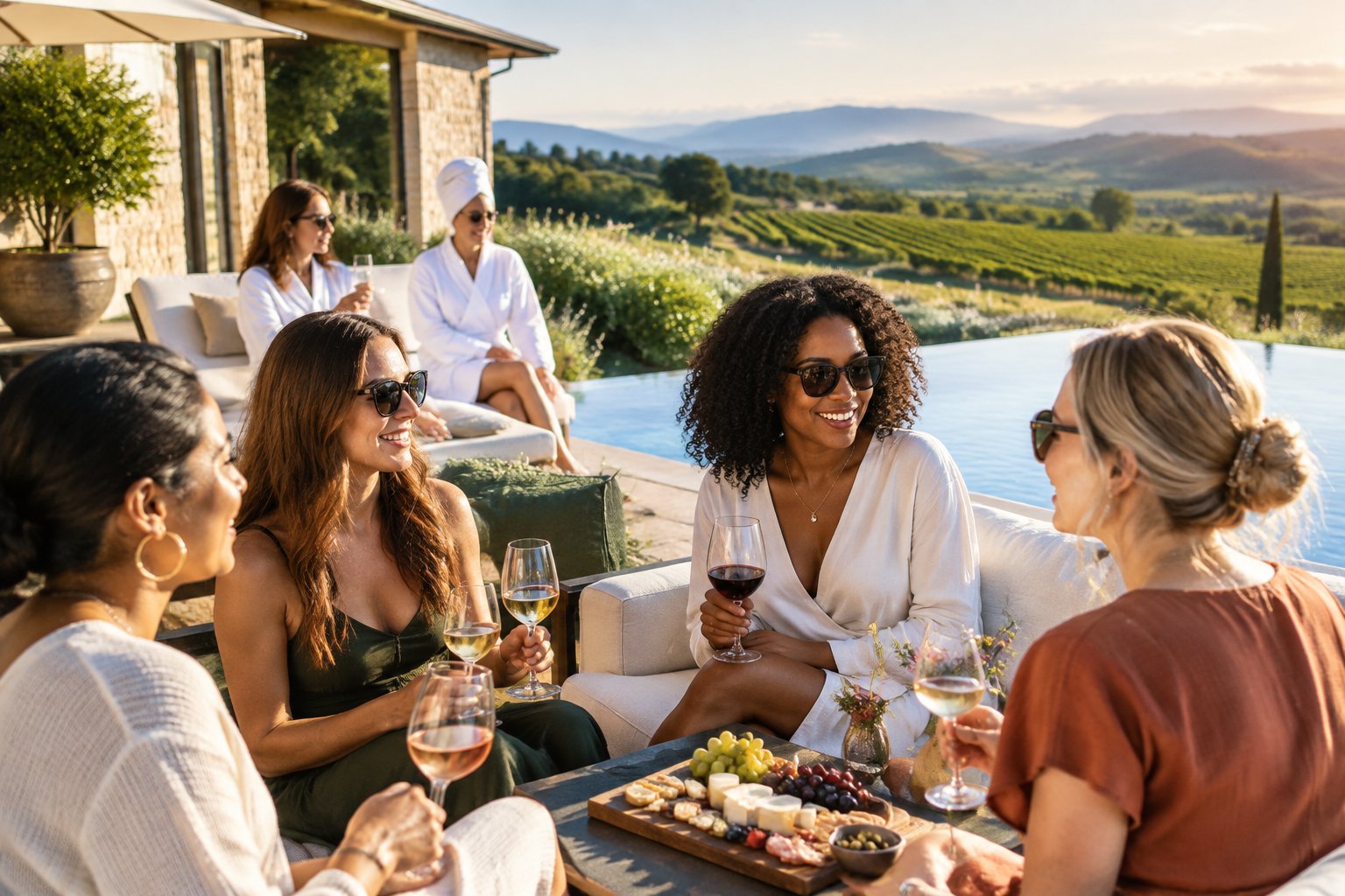 A group of friends relaxes with wine on the terrace of a luxury vineyard hotel overlooking rolling hills.