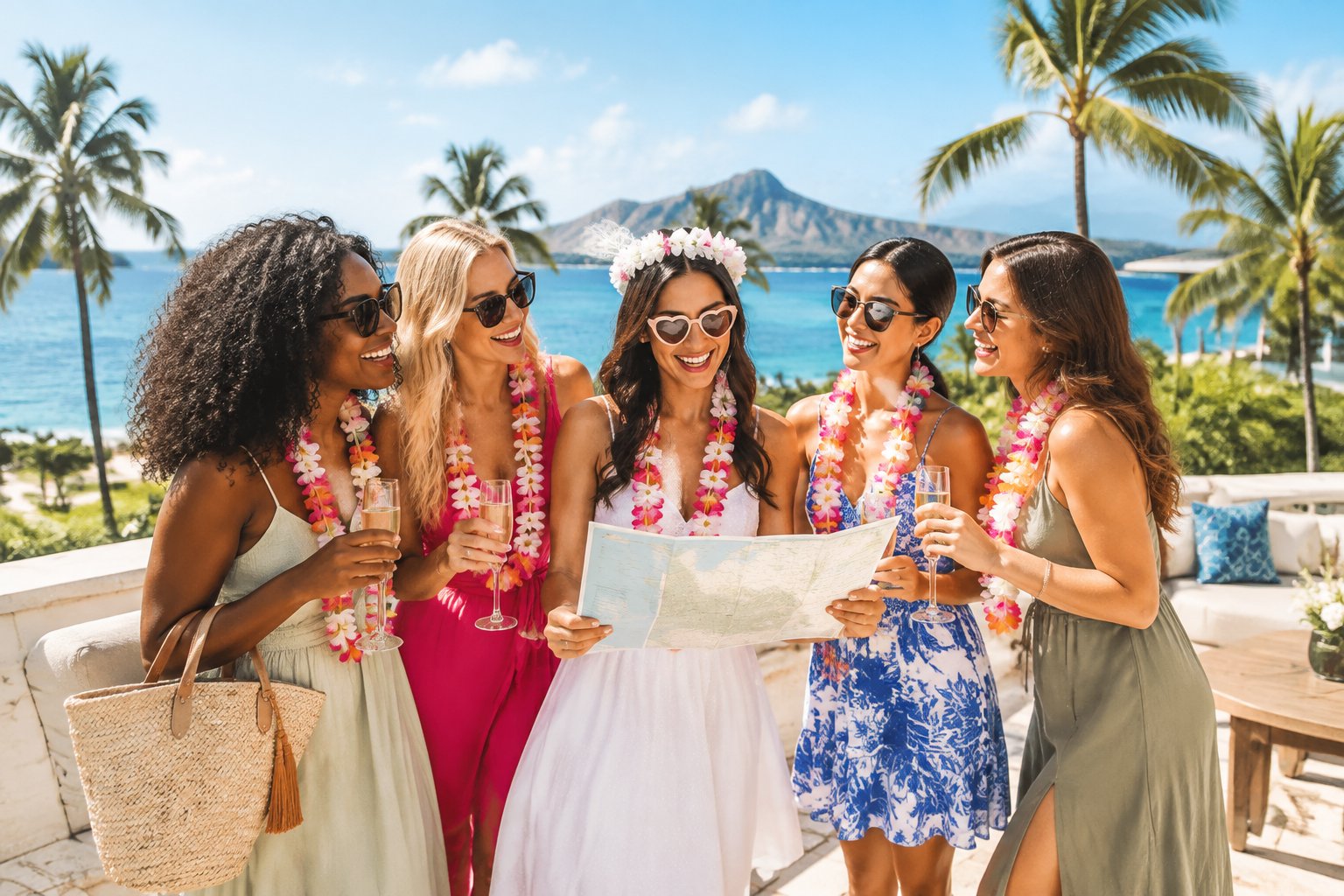 A group of women celebrating together at a sunny tropical resort with drinks and festive accessories.