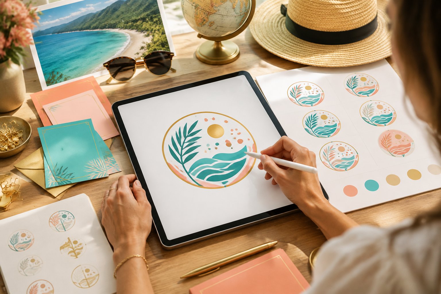 A designer develops a colorful tropical celebration logo concept in a bright creative workspace.