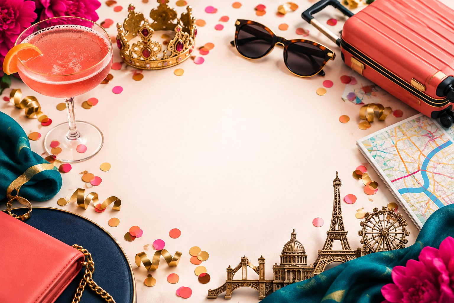 Celebratory travel accessories arranged around a cocktail, suitcase, map, and city-inspired decorations.