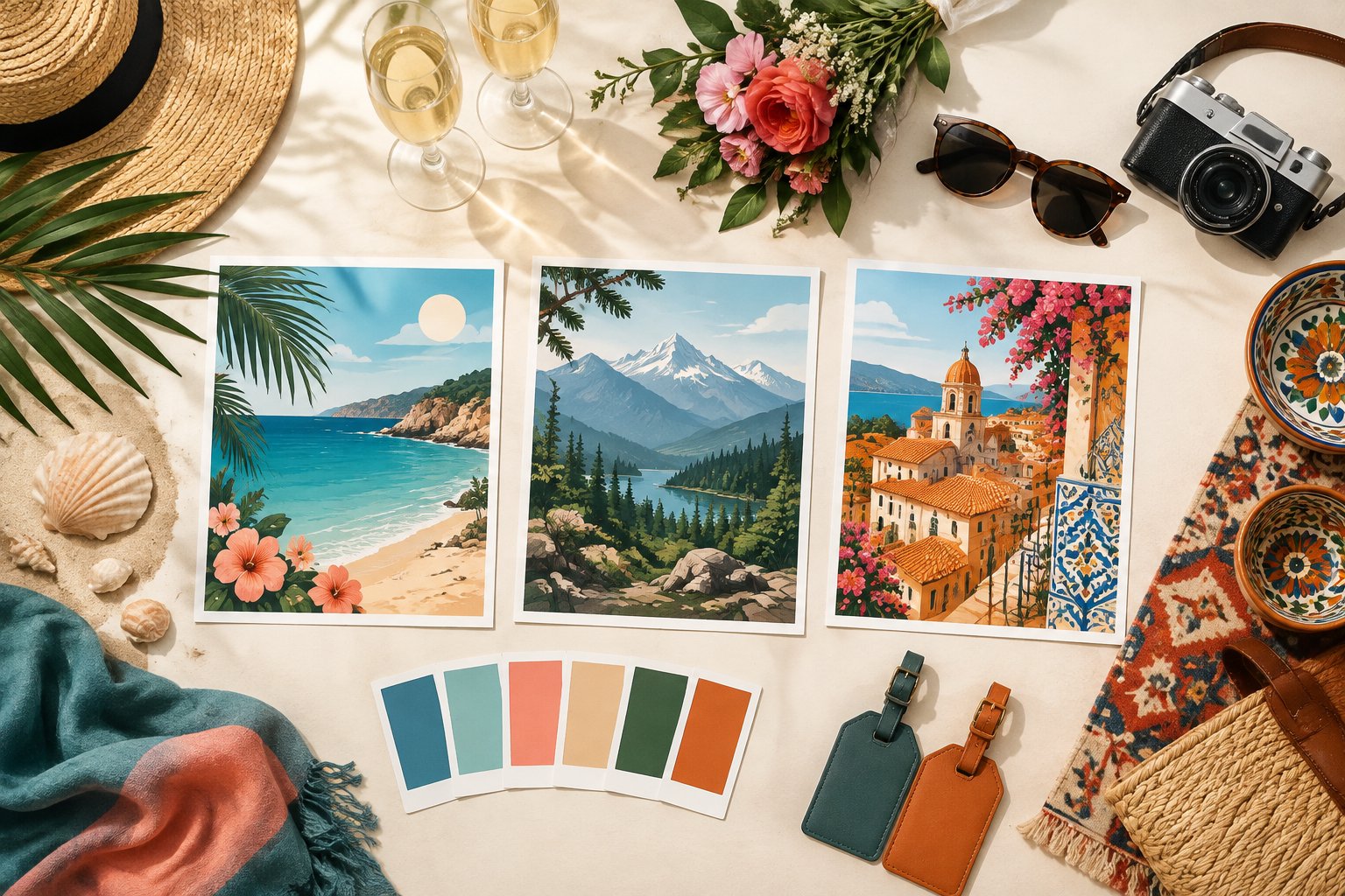 Curated travel-inspired celebration items representing coastal, mountain, and cultural bachelorette party destinations.