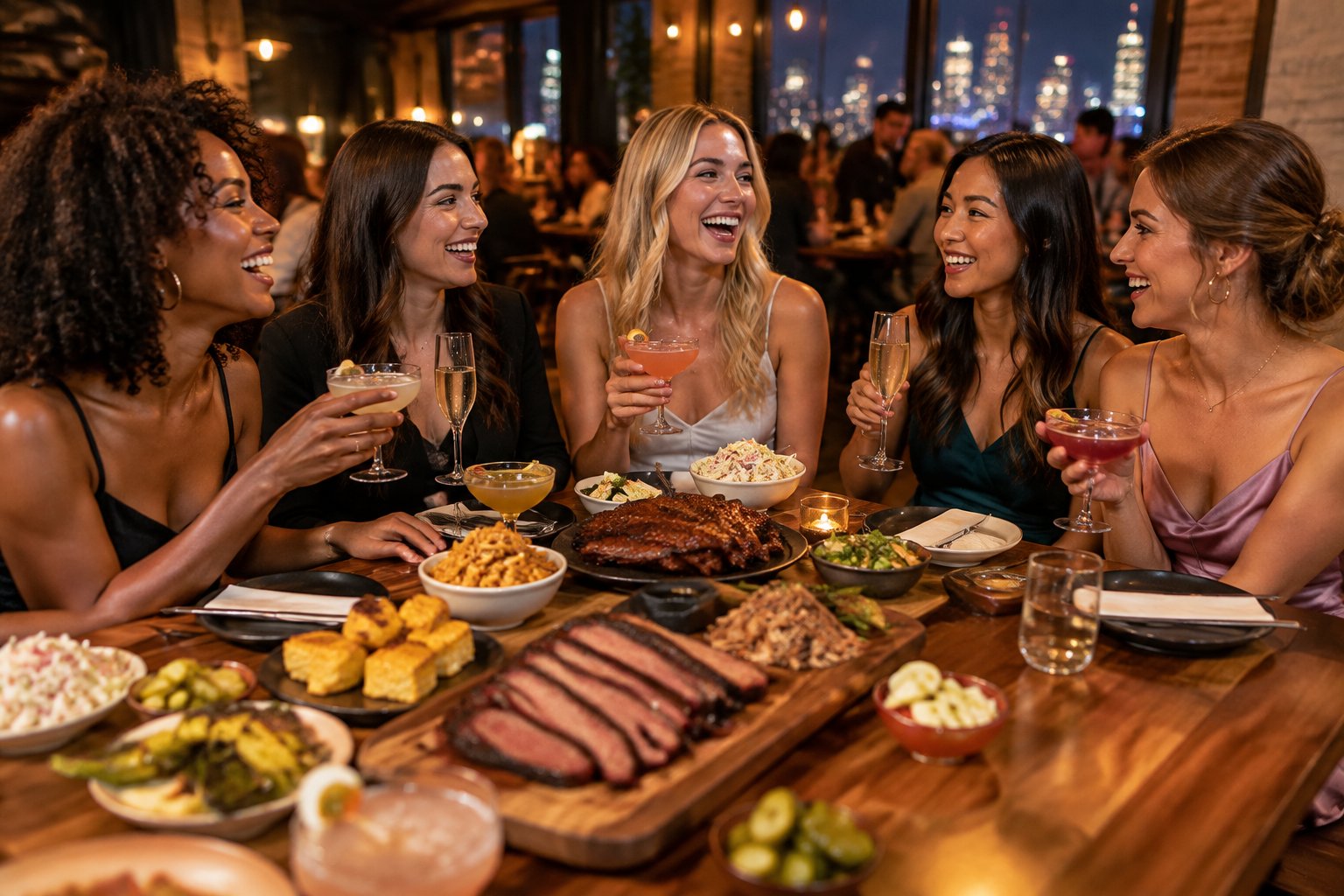 A group of women celebrates over barbecue dishes and drinks at a lively smokehouse restaurant.