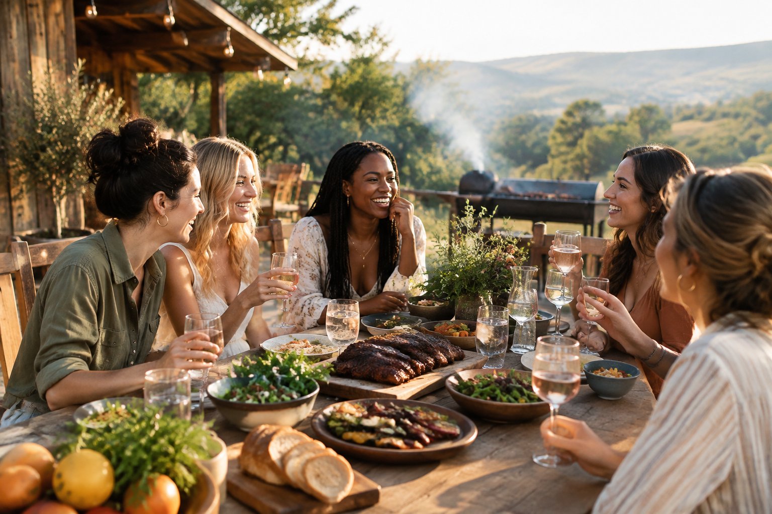 A group of women friends enjoying a barbecue meal together on an outdoor smokehouse patio.