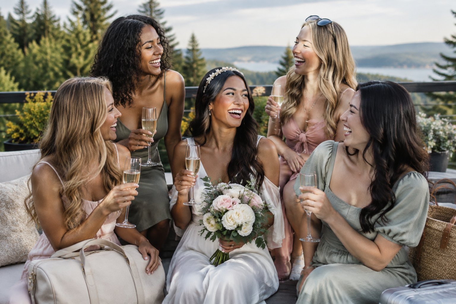 A group of women celebrating together on a scenic outdoor patio surrounded by greenery.