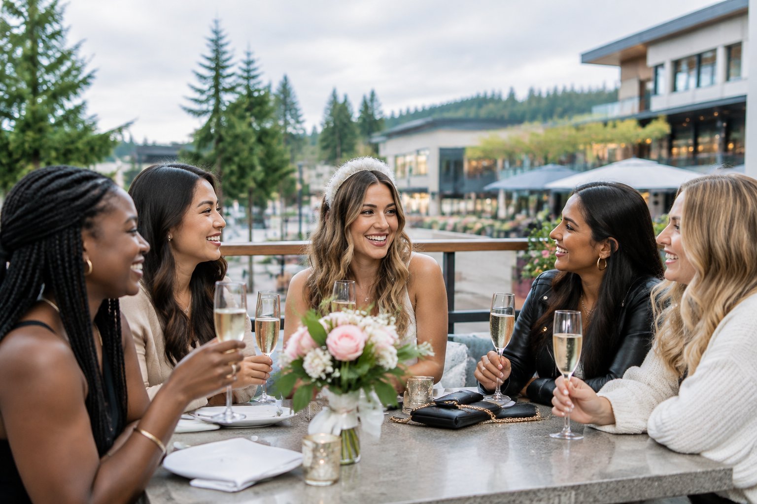 A group of friends celebrating together on an outdoor patio in a leafy urban setting.