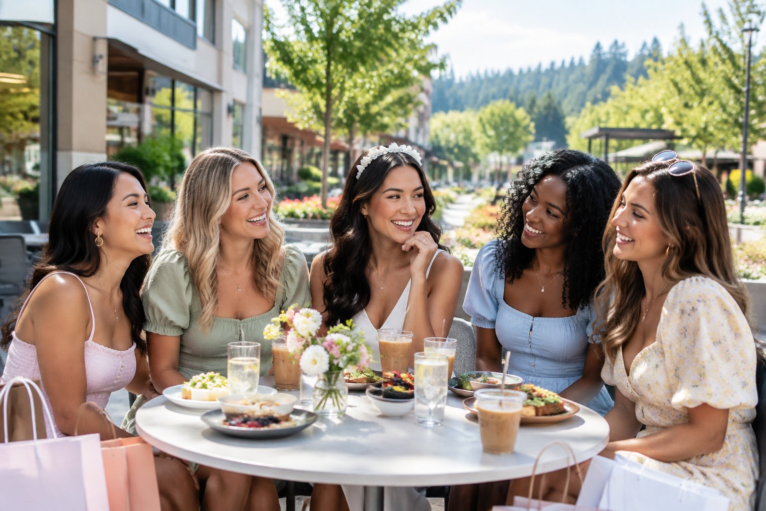 A bride-to-be and her friends enjoy brunch outdoors during a daytime bachelorette outing.