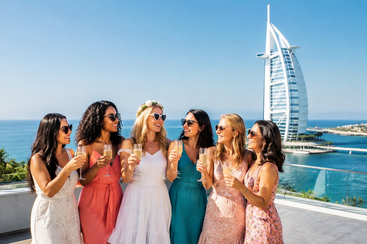 A group of women celebrating together beside a sail-shaped waterfront landmark overlooking the ocean.