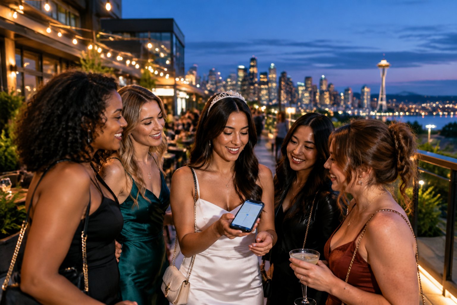 A group of women dressed for a night out gather near Seattle nightlife venues with the city skyline and Space Needle in the background.