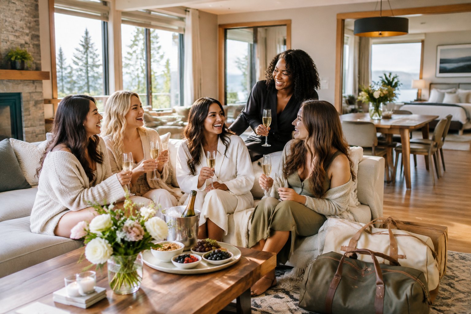 A group of women celebrating together in a stylish vacation rental living space.