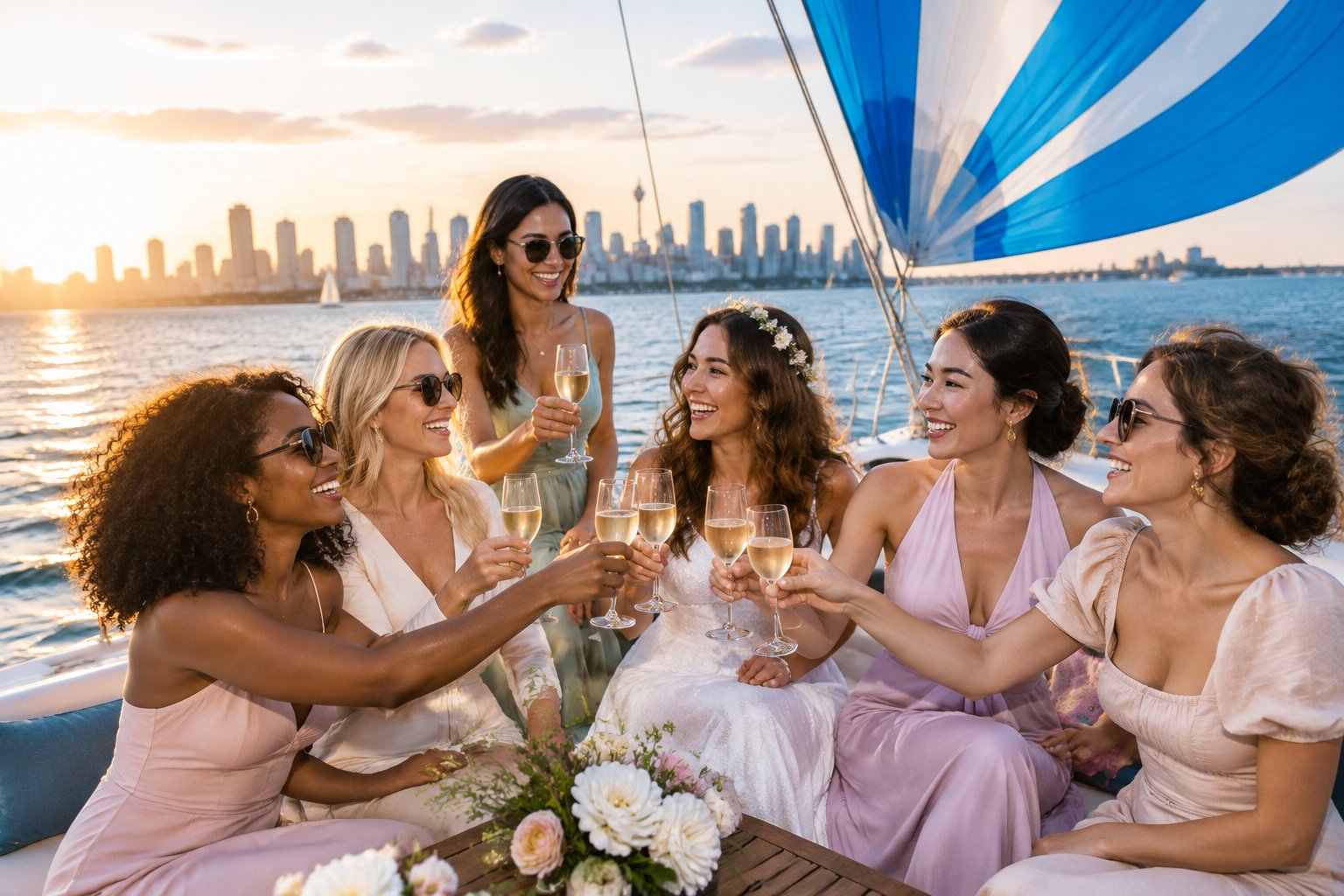 A group of women celebrating together on a boat with a colorful sail, ocean water, and a city skyline in the background.