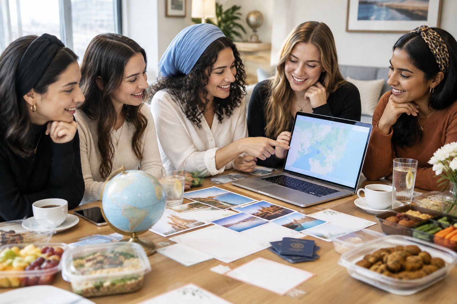 A group of women gathers around a table to compare travel destinations and plan a bachelorette celebration.