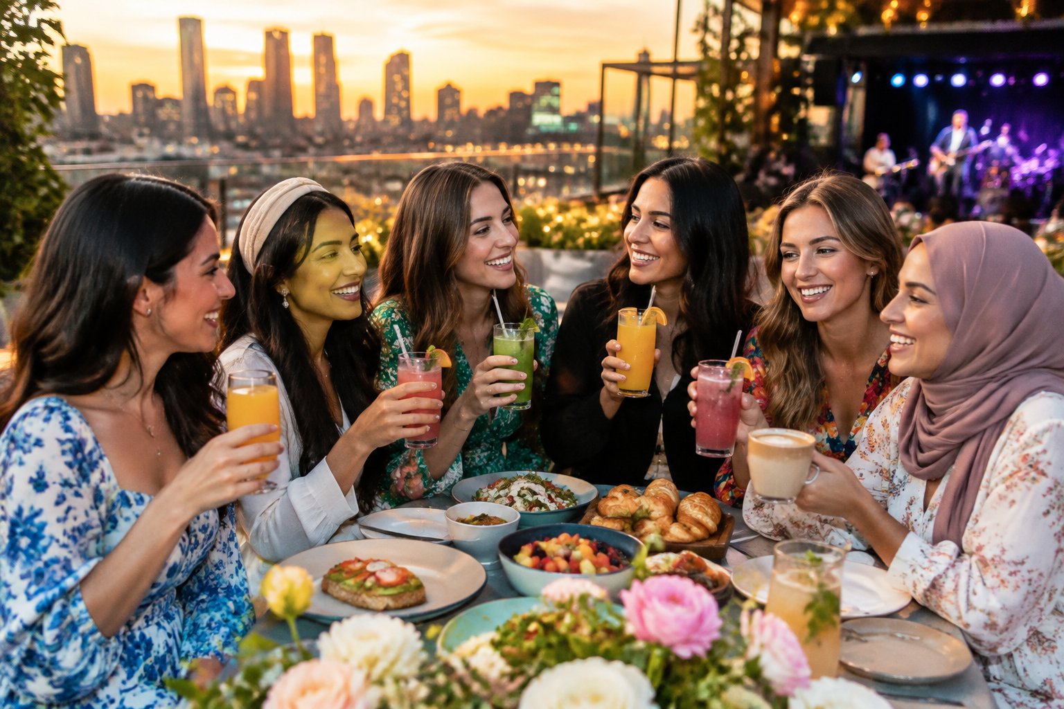 A group of friends enjoying a celebratory rooftop brunch with city nightlife in the background.