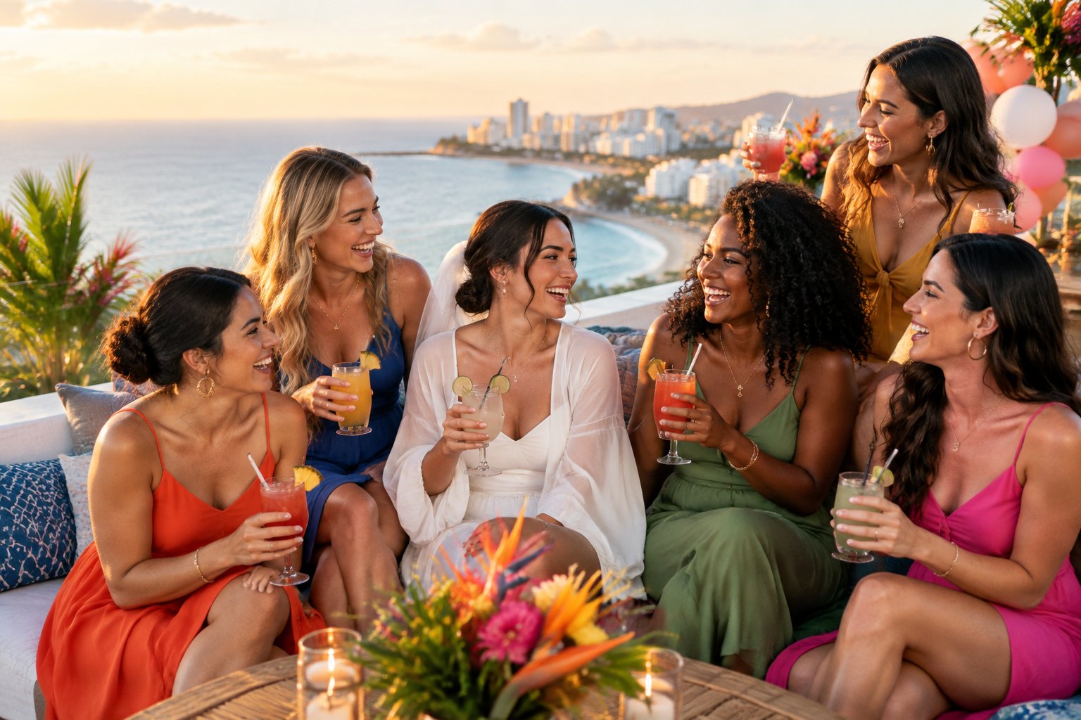 A group of women celebrating together on a sunny rooftop overlooking a coastal city and ocean.