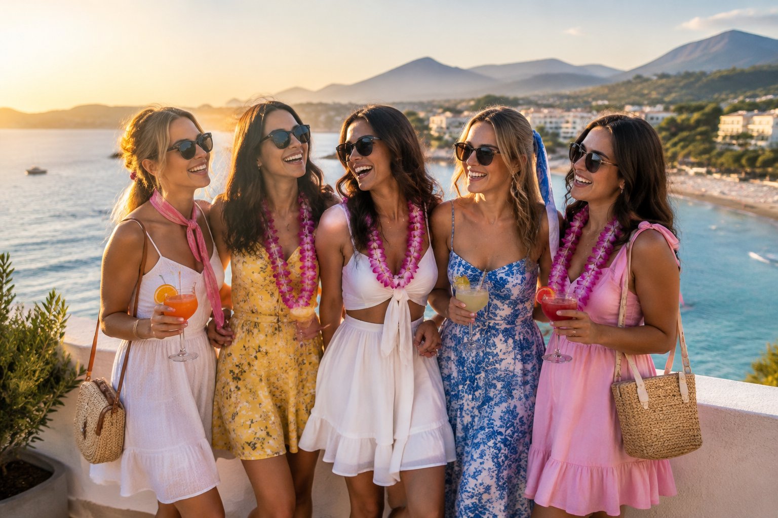 A group of women friends celebrating together on a sunny seaside resort terrace.