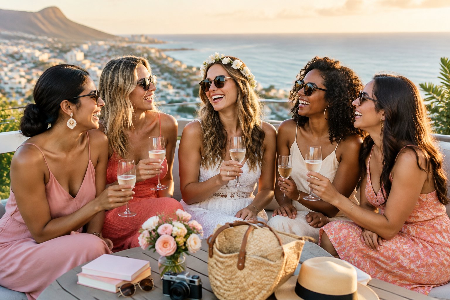 A group of women celebrating together on a sunny rooftop overlooking the ocean.