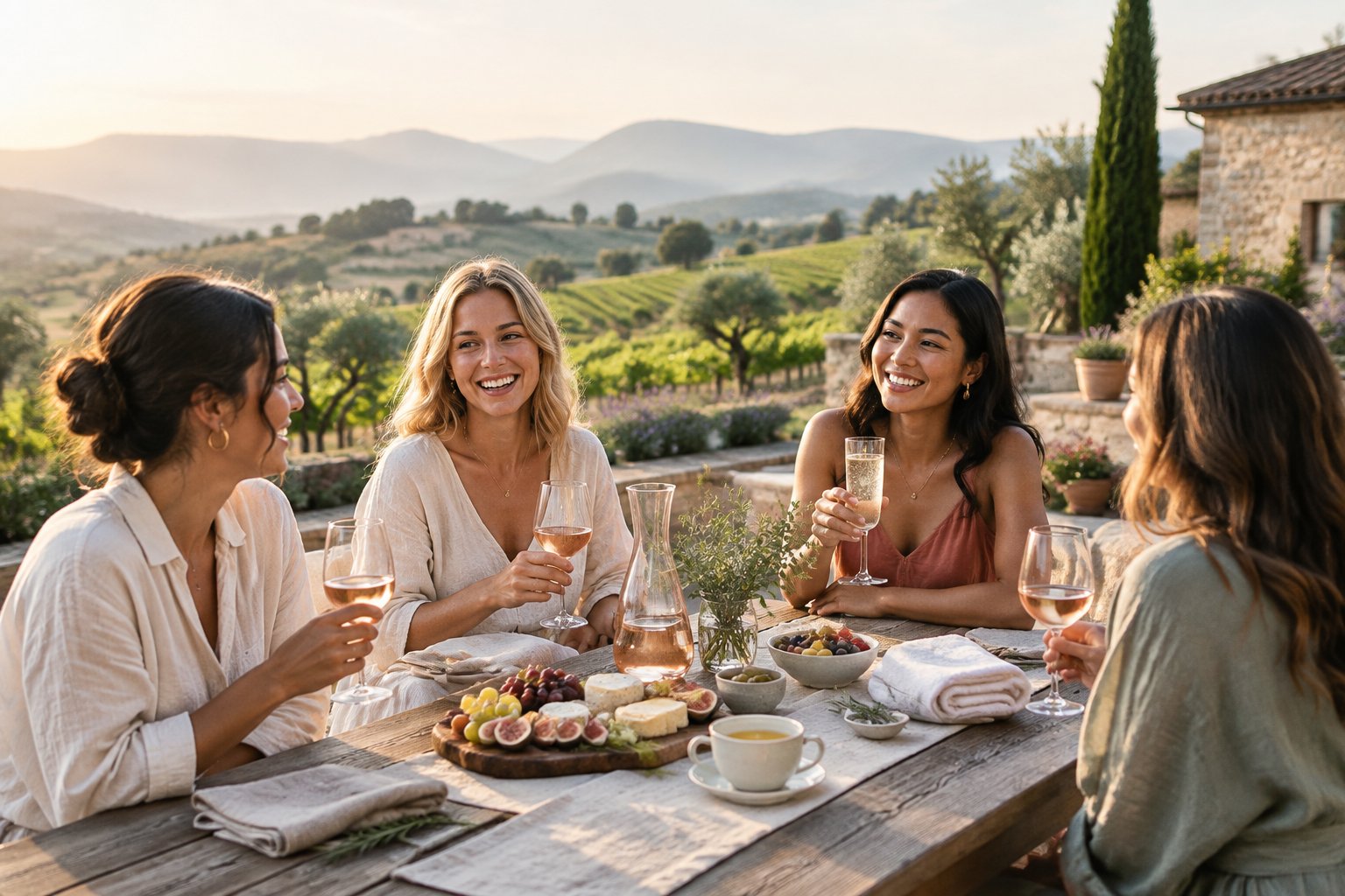 A group of friends relaxing together at a vineyard wellness retreat with drinks and refreshments on an outdoor table.