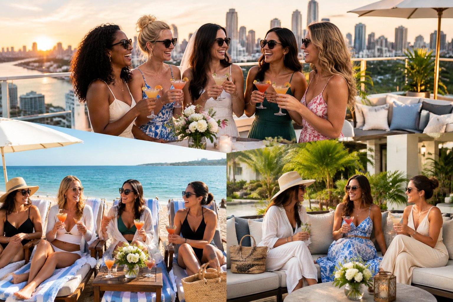 Friends celebrating together at a sunny coastal resort with a city skyline and beach nearby.