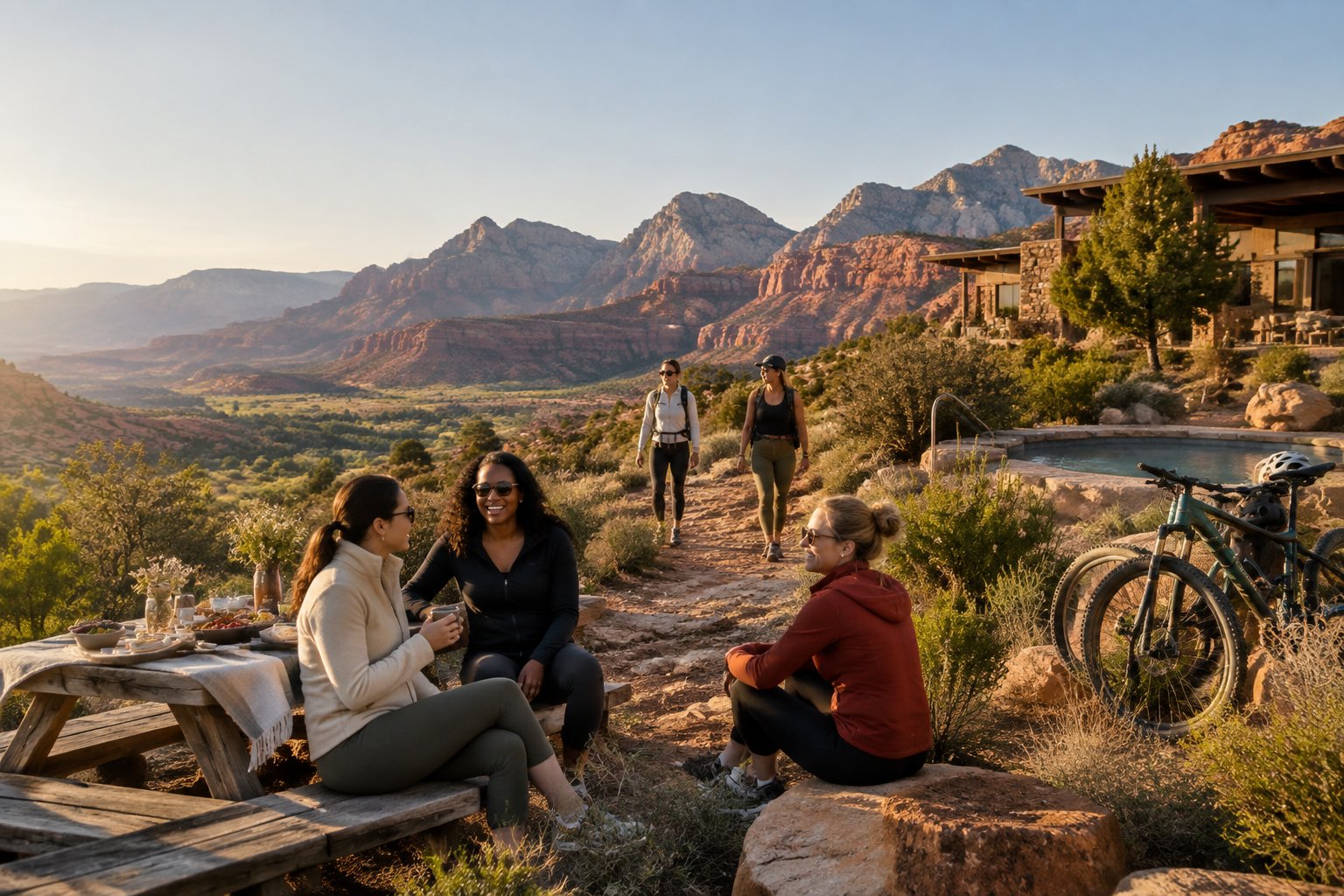 A group of friends enjoying outdoor activities at a secluded desert mountain retreat.