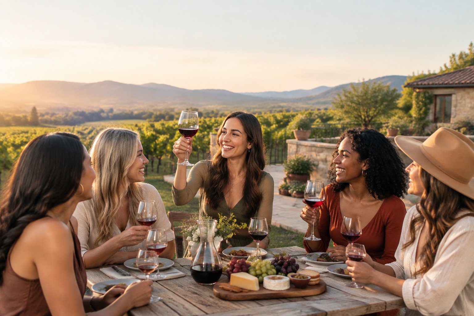 A group of women friends enjoying a wine tasting at a vineyard overlooking a sunny valley.