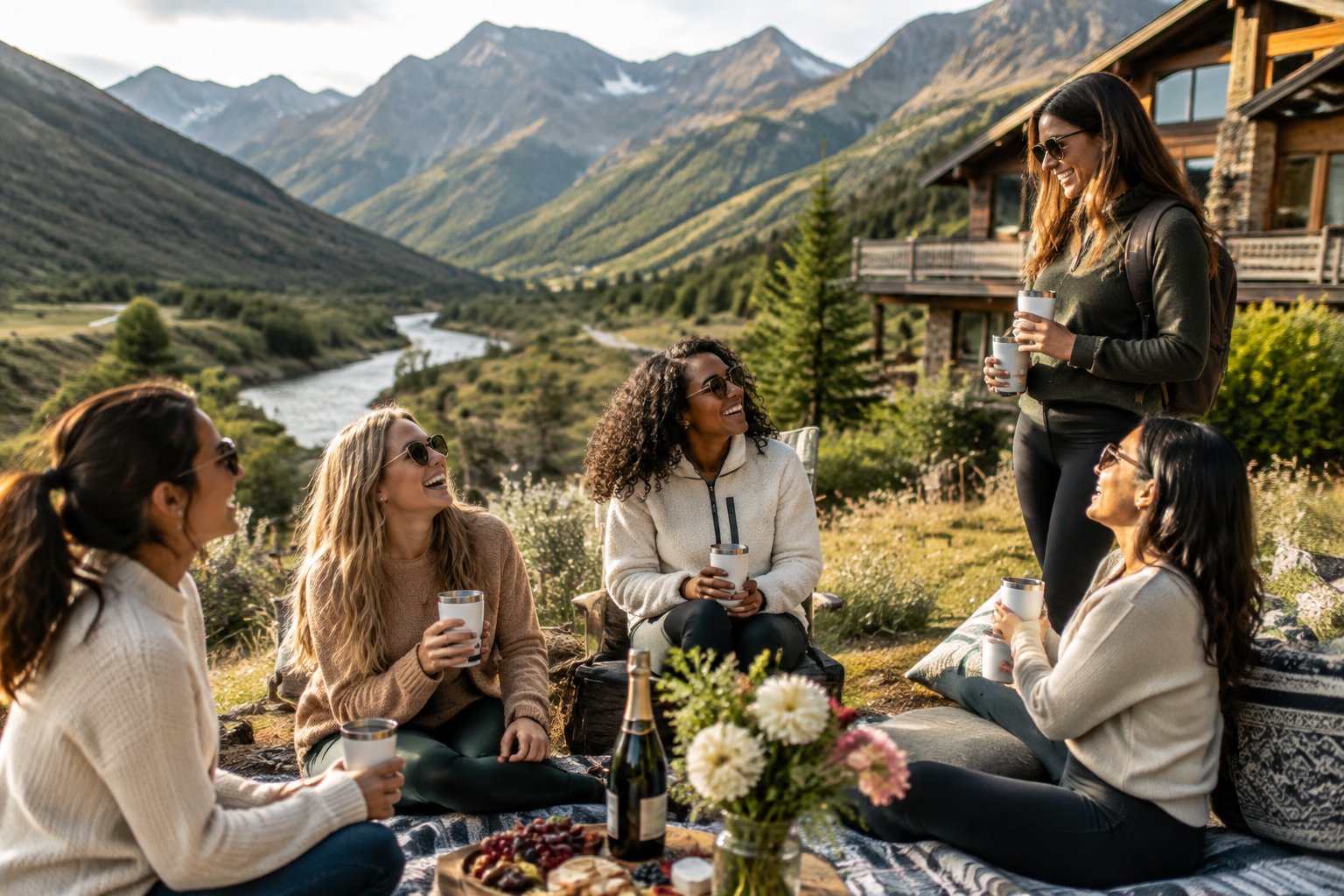 A group of friends enjoying a relaxed celebration in a scenic mountain valley near a lodge.