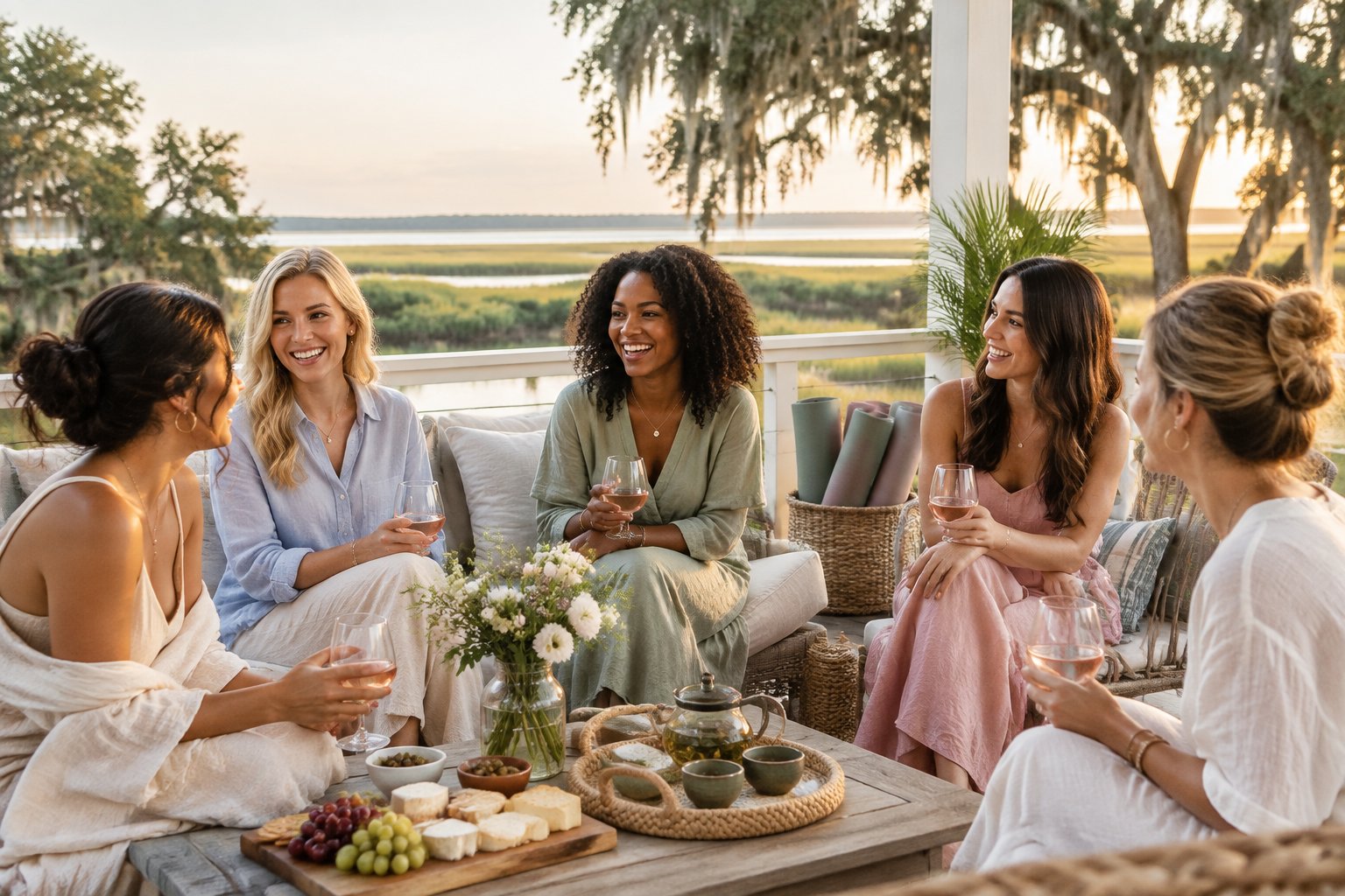 Friends enjoy wine and conversation on a coastal Southern veranda surrounded by marshland and live oak trees.