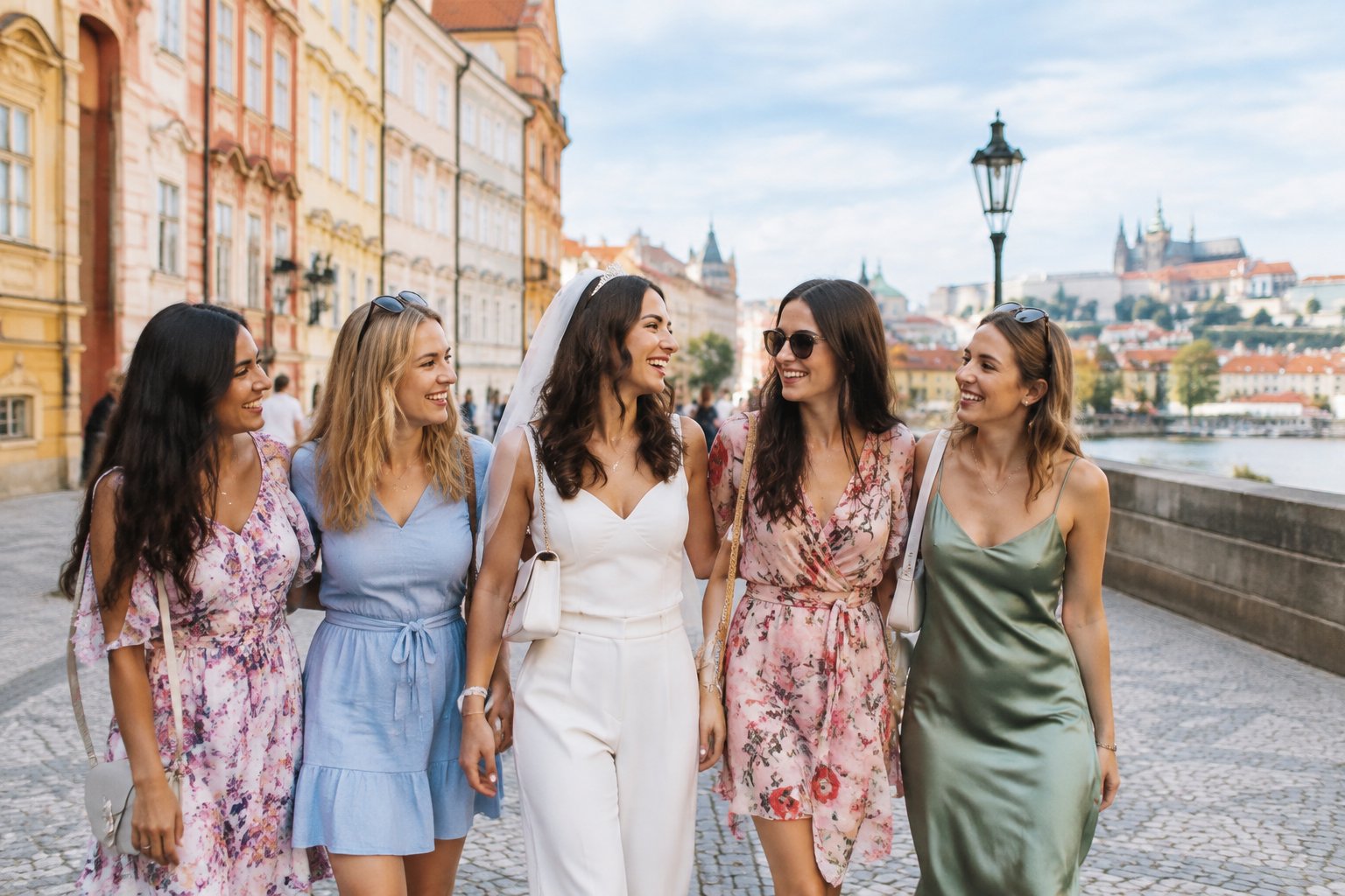 A group of women celebrating a bachelorette party on a historic street in Prague.