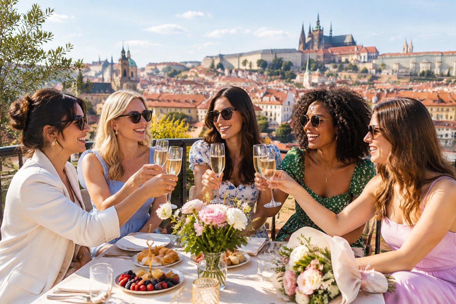 A group of friends celebrating together on a rooftop terrace overlooking Prague.