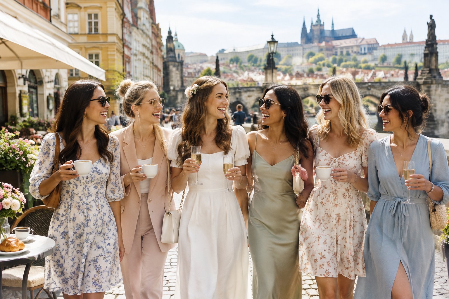 A bride-to-be and her friends enjoy a sunny daytime outing near Prague’s historic Old Town.