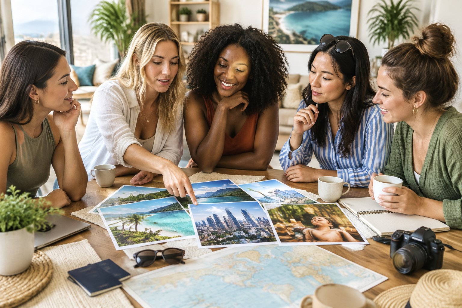 A group of friends compares travel destination options around a table while planning a bachelorette trip.