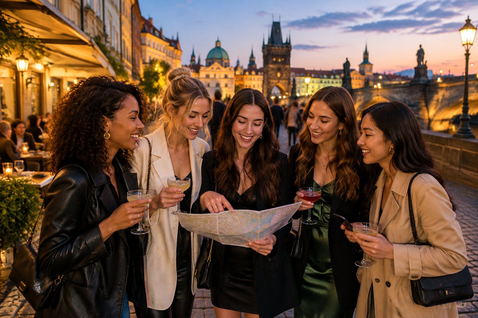 A group of friends planning an evening together on a lively Prague street.