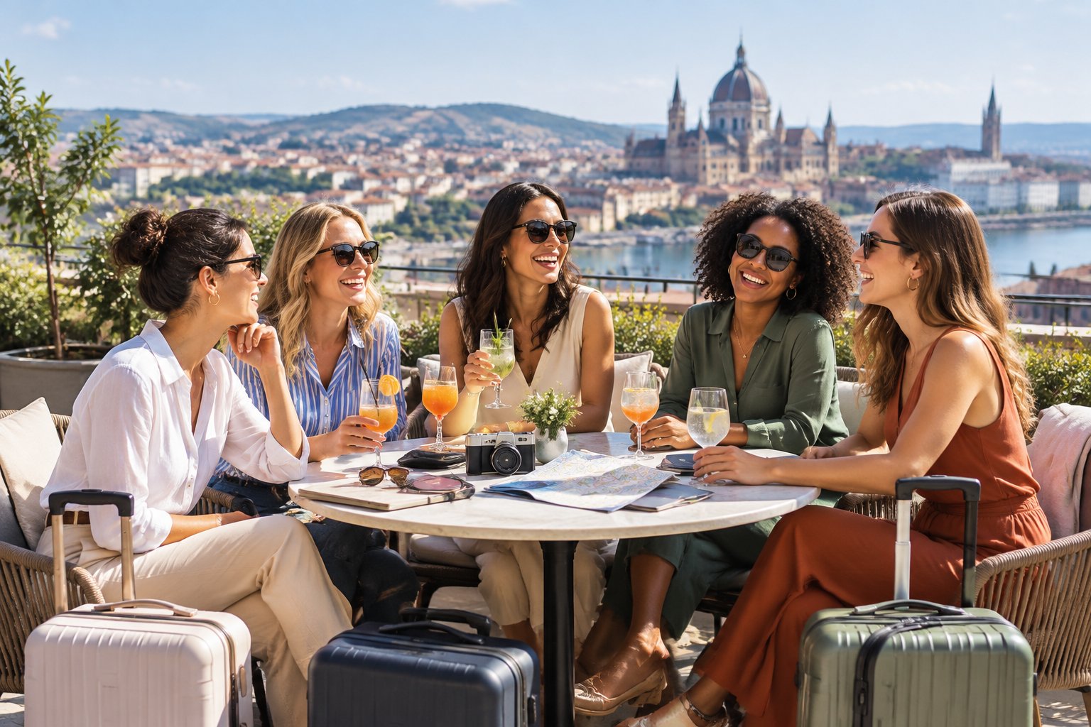A group of friends celebrating together at an outdoor café during a European city getaway.