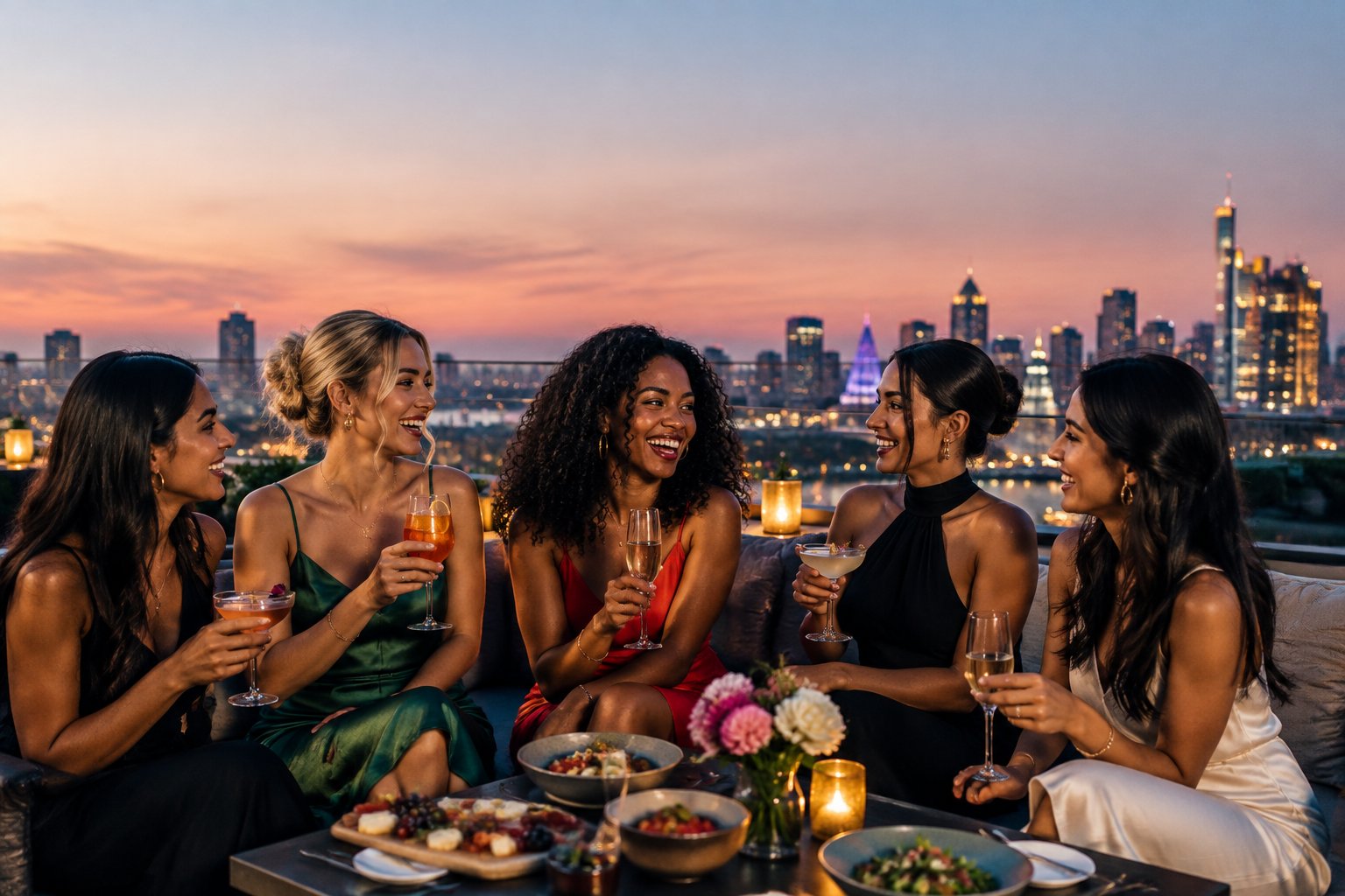 A group of friends enjoying cocktails and shared food at a stylish rooftop lounge overlooking a city at night.