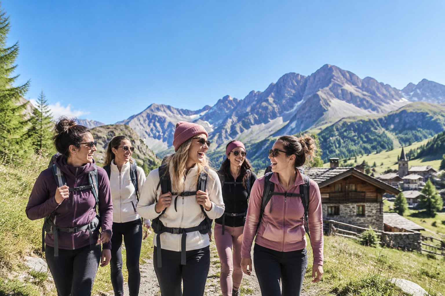 A group of friends celebrating together on a mountain trail in the Queyras Valley.