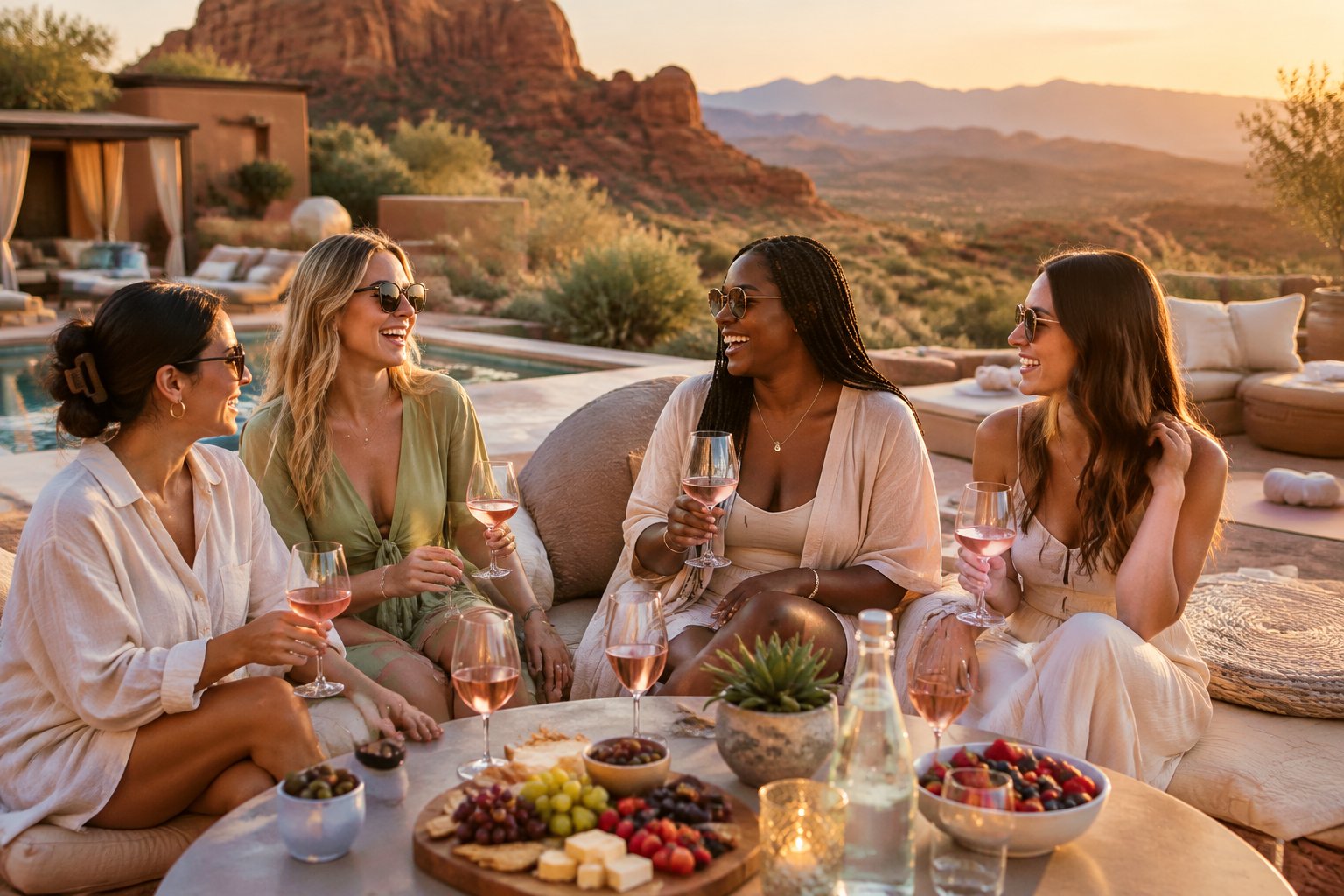Friends enjoy wine and wellness activities at a luxurious desert retreat.