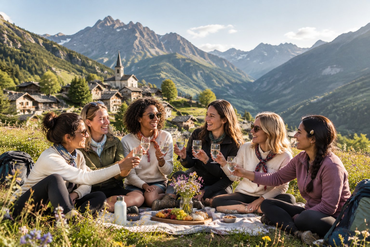 A group of women friends celebrating together in a scenic alpine valley in Queyras.
