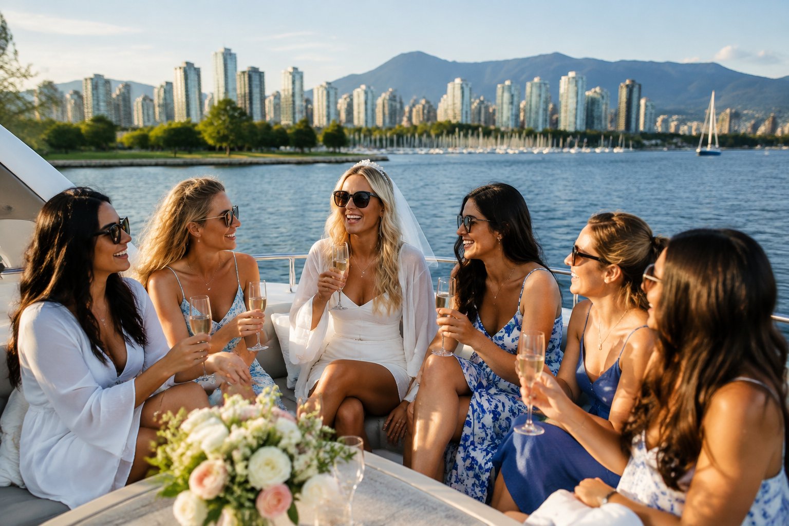 A group of women celebrating on a yacht near a city skyline on a sunny lake.