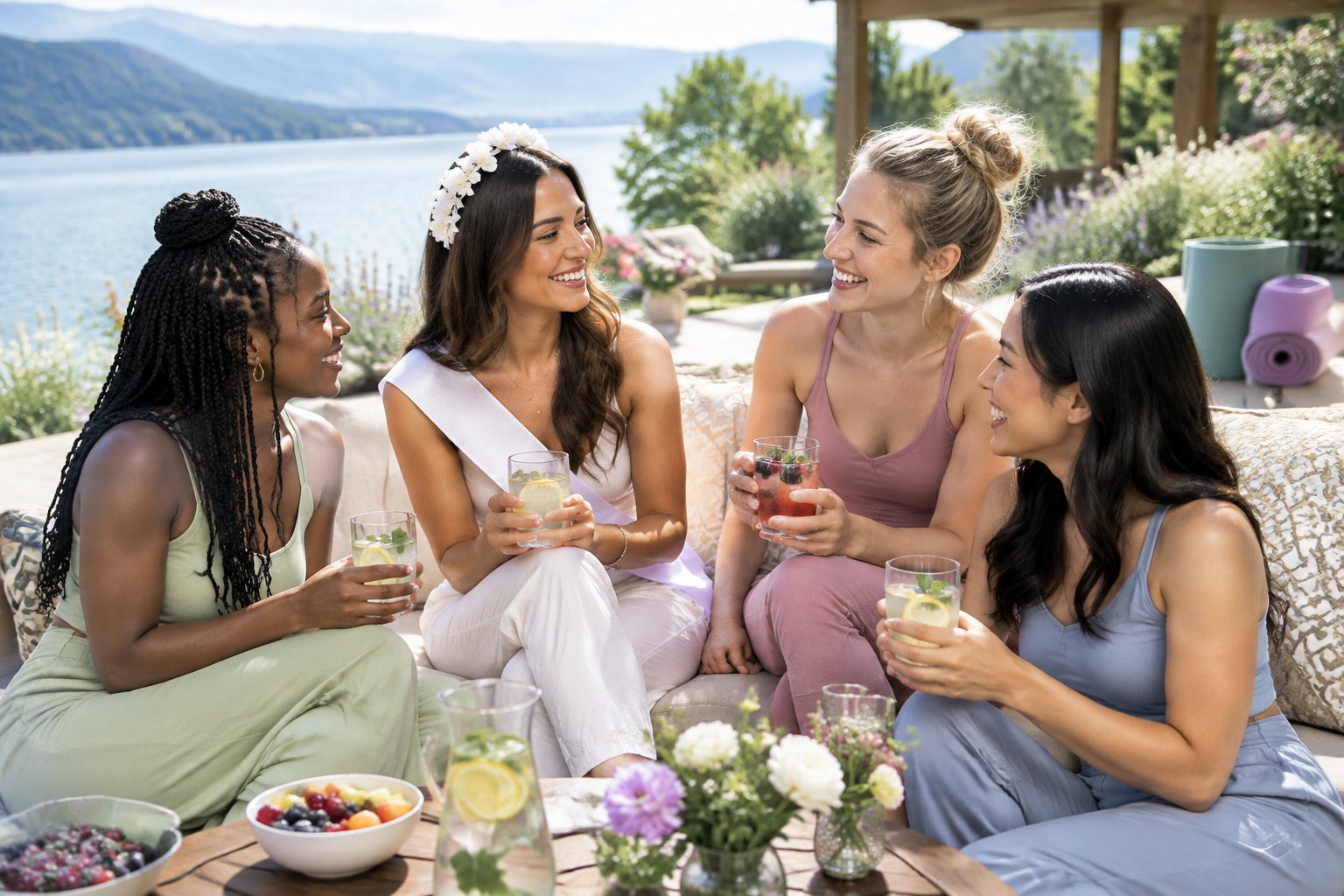 A group of friends celebrates a bachelorette getaway with healthy drinks on a sunny wellness resort terrace.