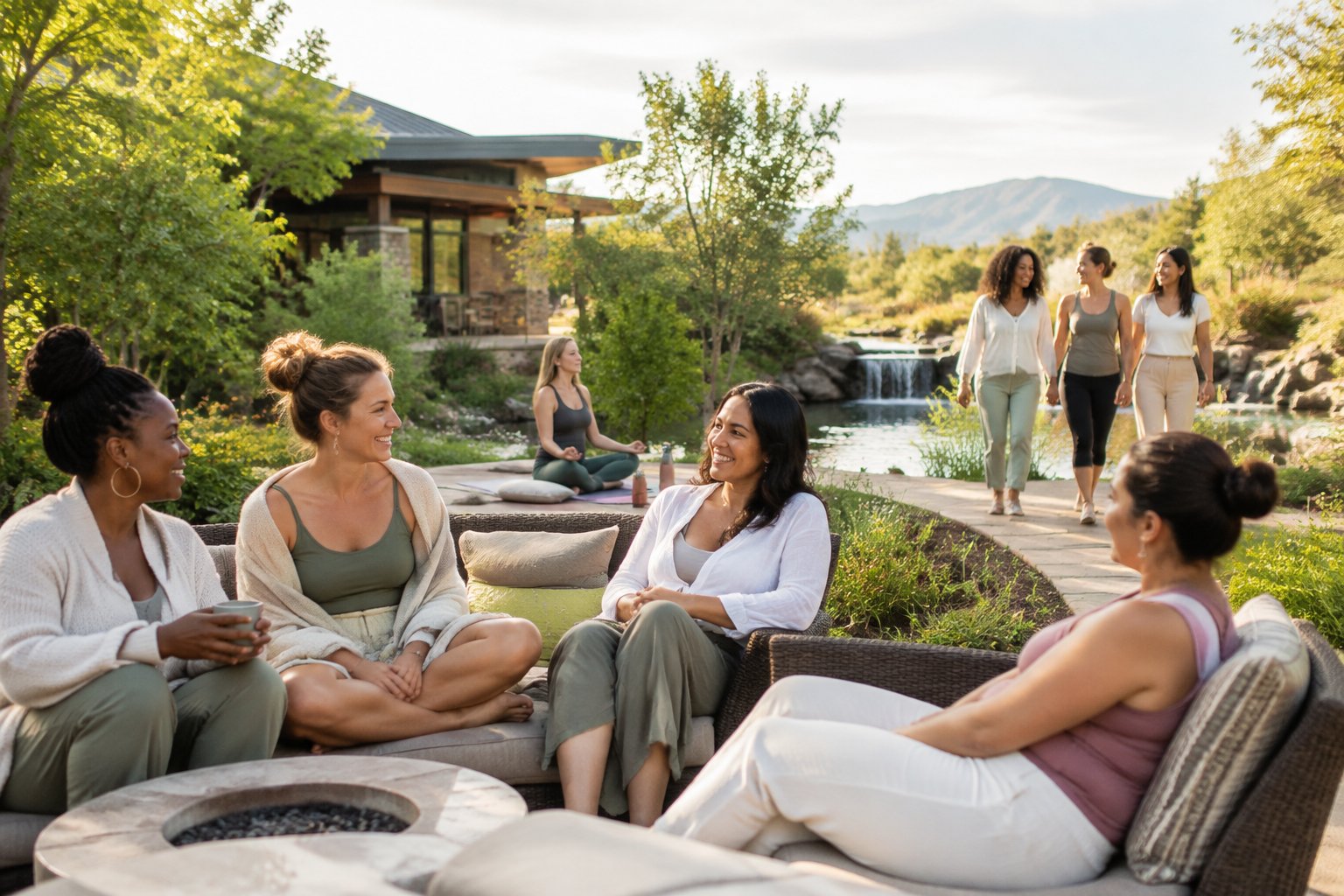 A group of women gathers peacefully at a wellness retreat surrounded by greenery.