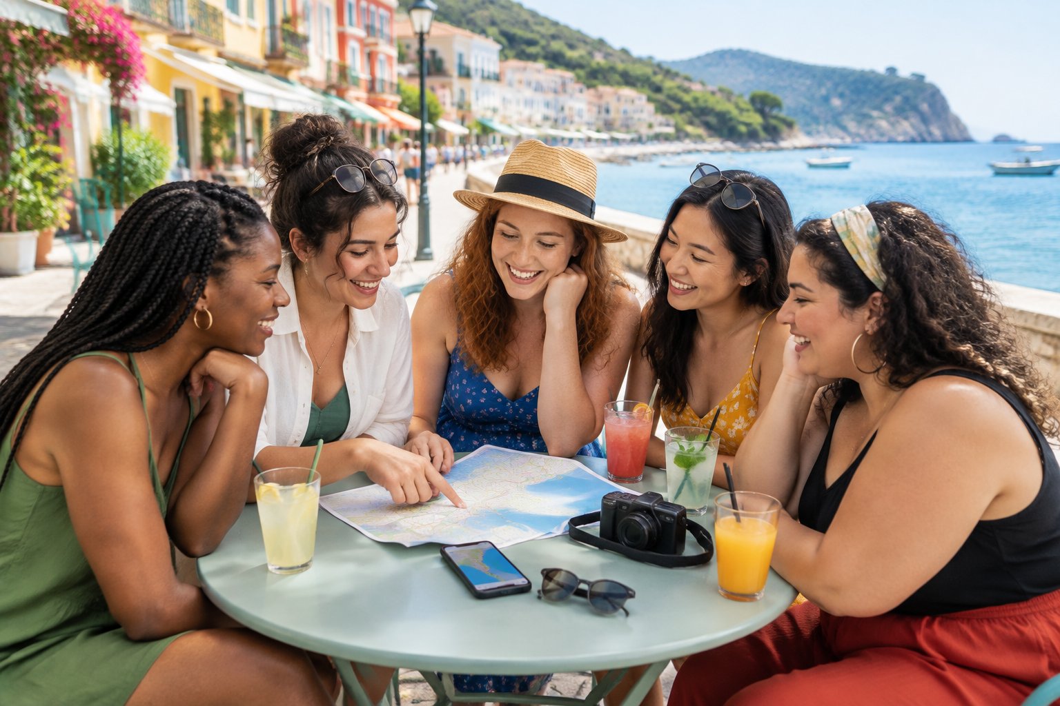 A diverse group of friends planning an affordable bachelorette trip at an outdoor café in a charming coastal town.
