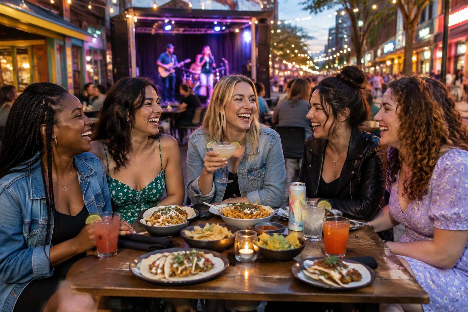 A group of friends enjoys food, drinks, live music, and a lively city evening together.