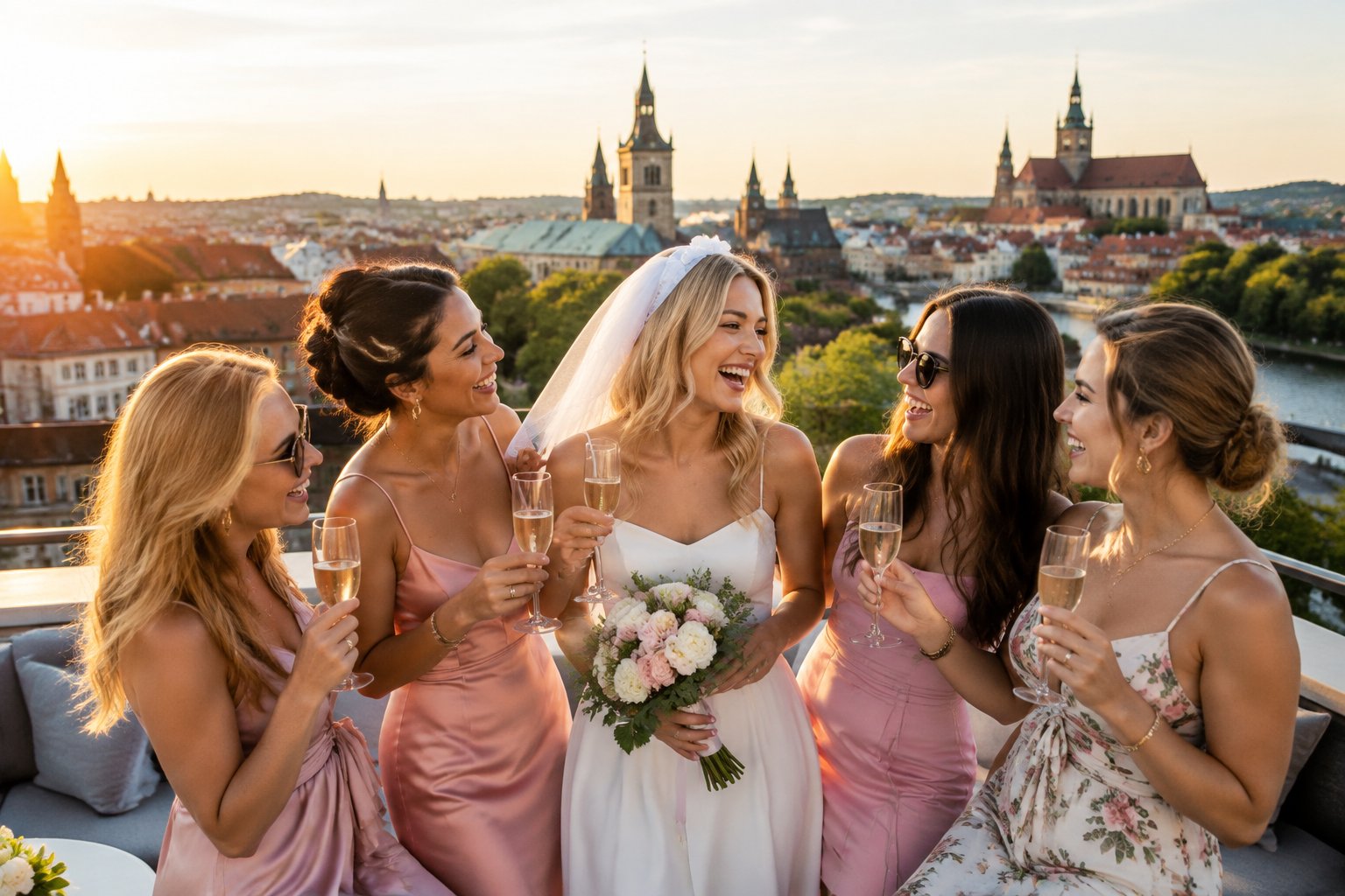 A group of friends celebrates a bachelorette getaway on a rooftop overlooking a historic city.