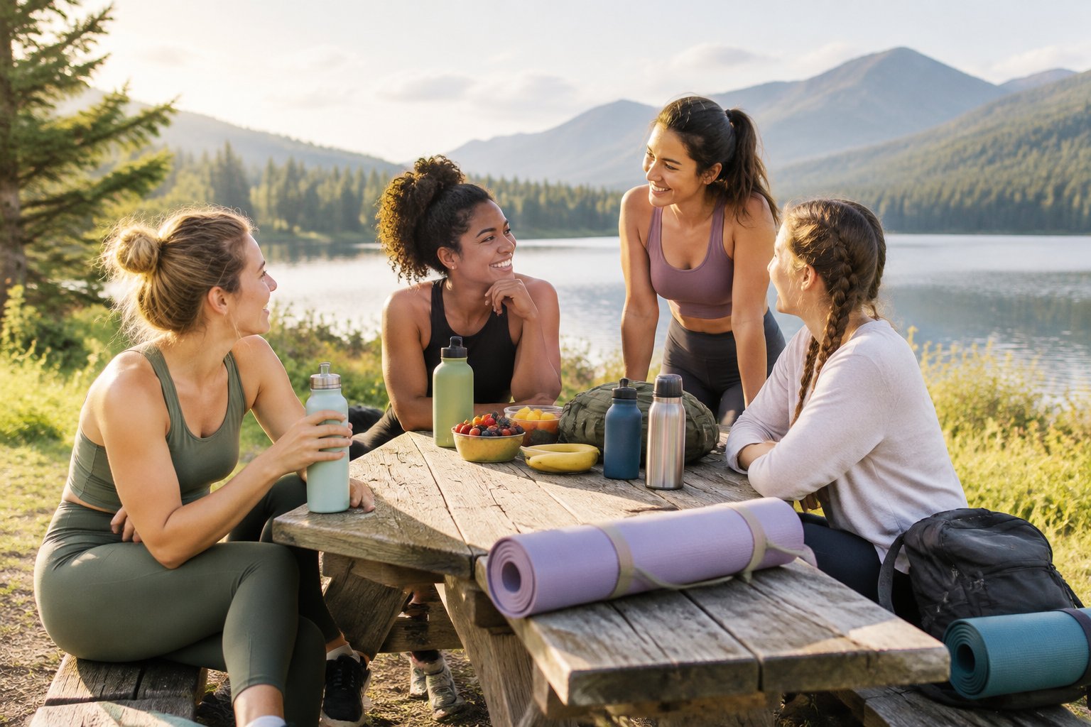 A group of friends enjoying a relaxing outdoor wellness getaway by a scenic lake.