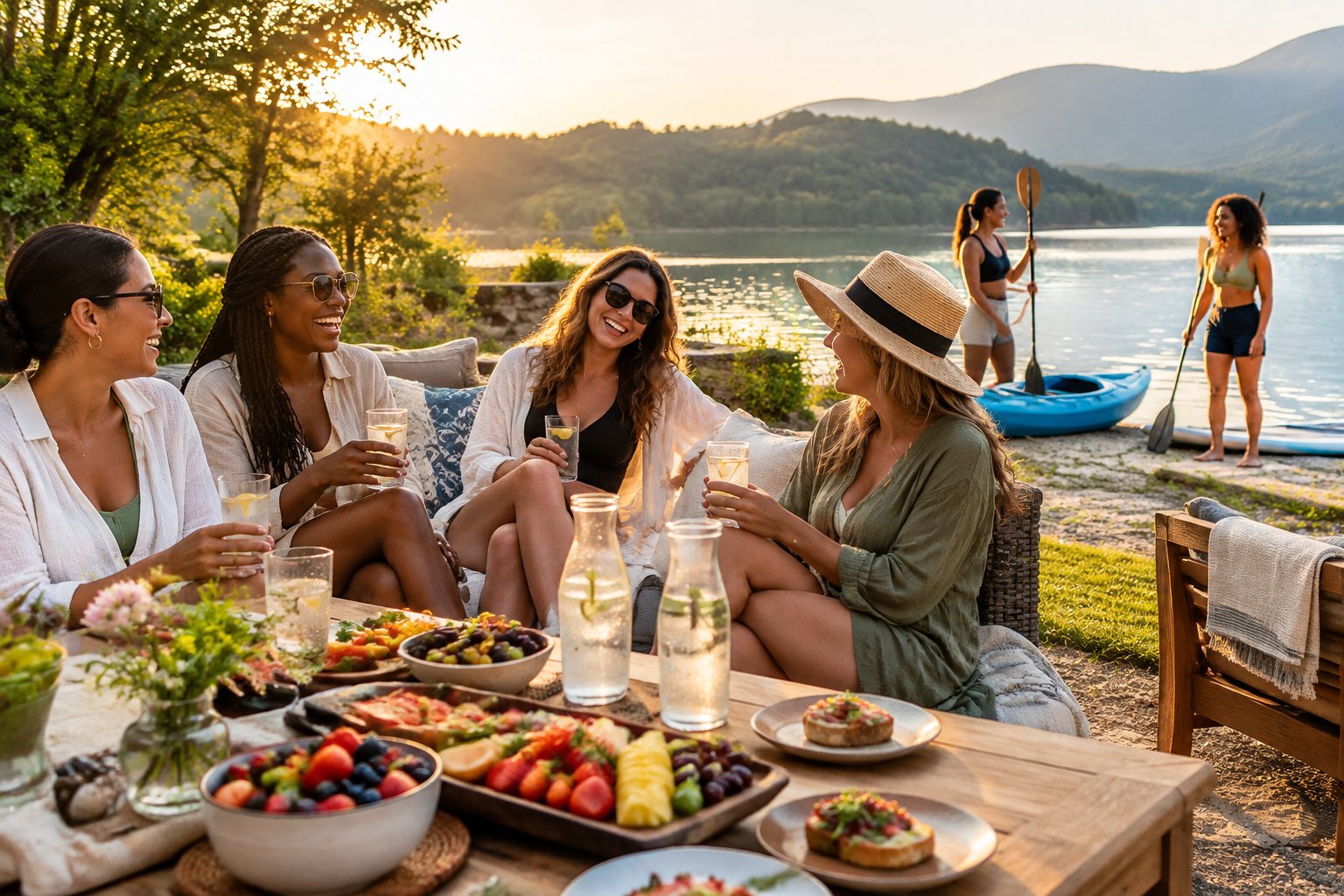 A group of friends relaxing, sharing food, and enjoying outdoor activities at a scenic lakeside getaway.