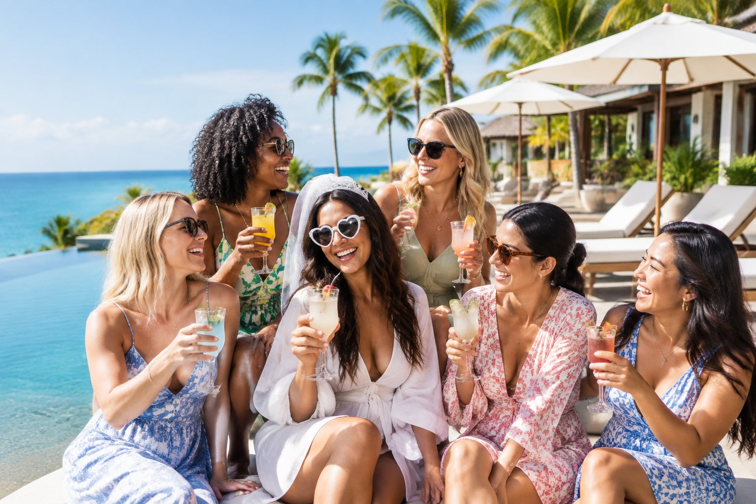A group of women celebrating together at a luxurious tropical beach resort beside an infinity pool.