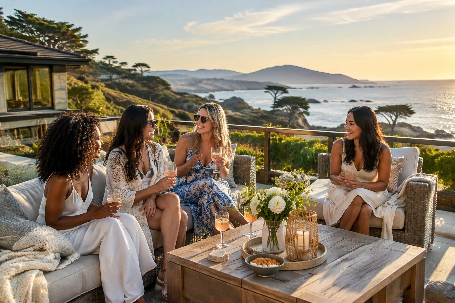 A group of women relaxing on the terrace of a coastal vacation rental near Pebble Beach.