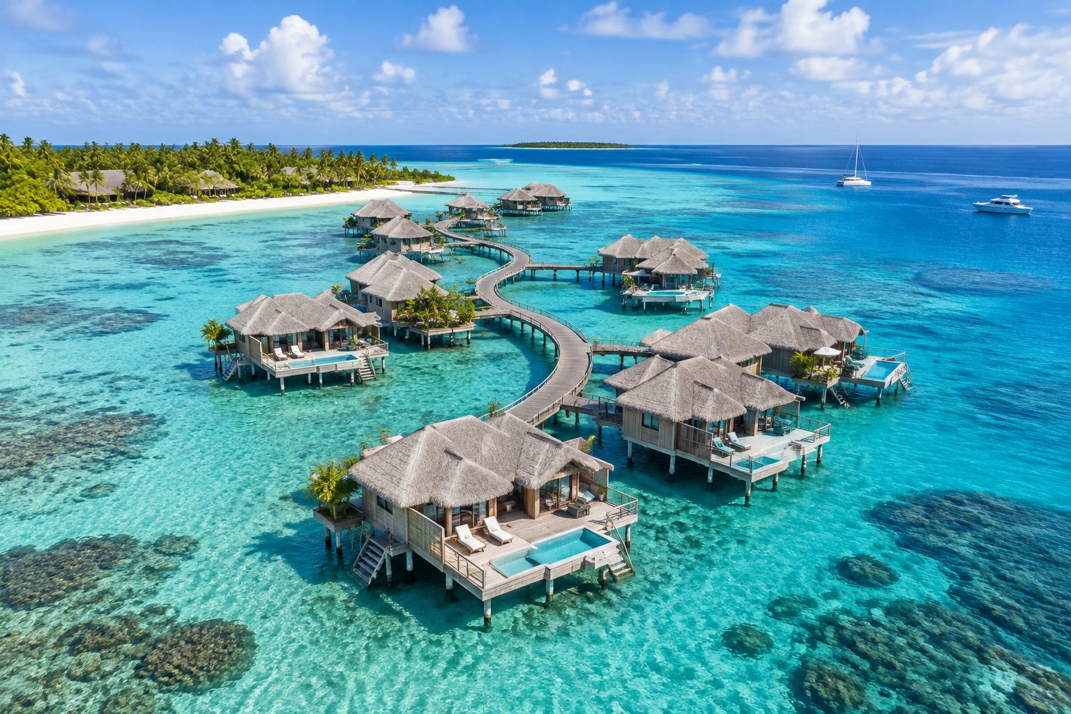 Overwater bungalows connected by a boardwalk above clear turquoise water in the Bahamas.