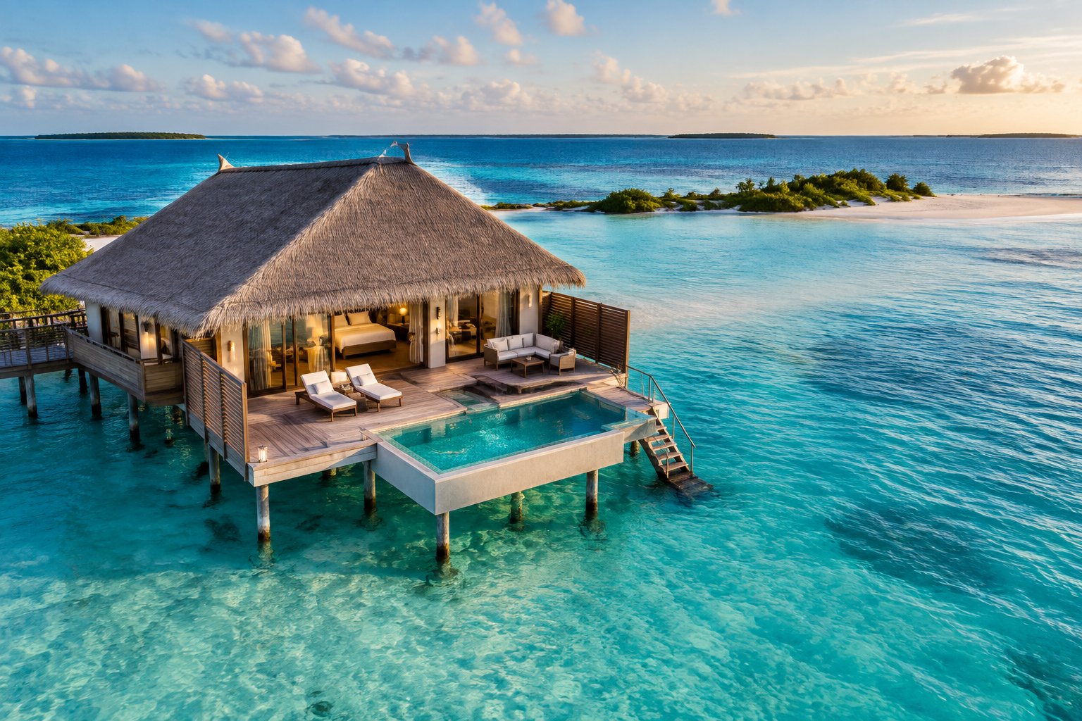 A luxurious stilt villa standing over clear turquoise water in the Bahamas.